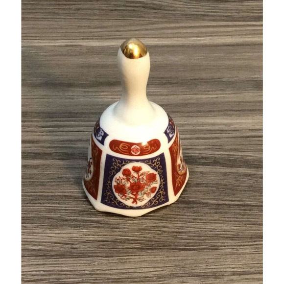 Blue And Red Maroon Floral Flower Pattern Bell With Gold on Handle Tip 3.25" - Picture 1 of 8